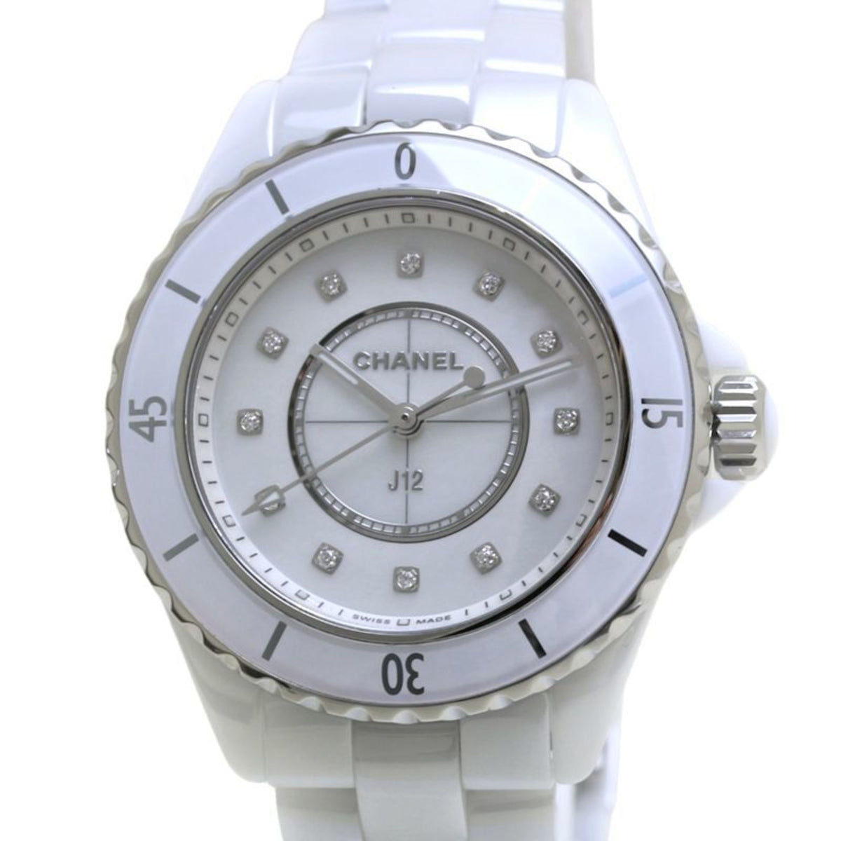 Montre CHANEL J12 12P Diamond H5704 d'occasion pour femme, en acier inoxydable et céramique blanche, modèle 39842 