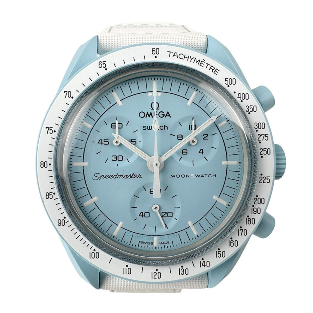 Pre-Owned OMEGA SWATCH x Mission to Uranus Bioceramic Light Blue White Men's Quartz Watch SO33L100