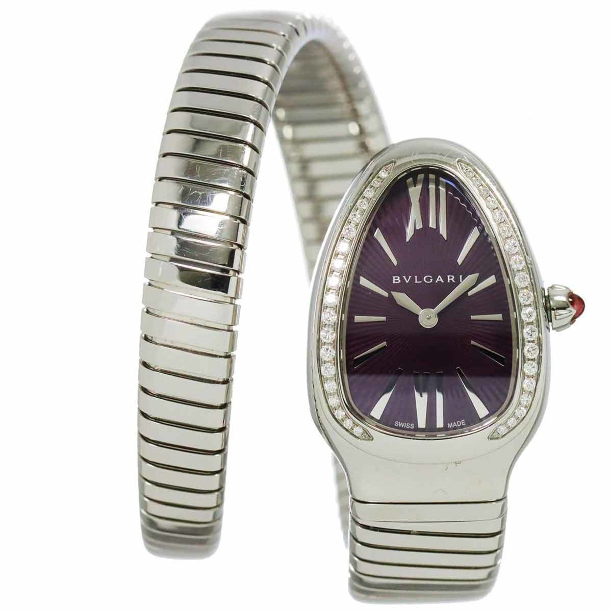 Montre BVLGARI Serpenti SP35S d'occasion pour femme, lunette diamantée, quartz violet 