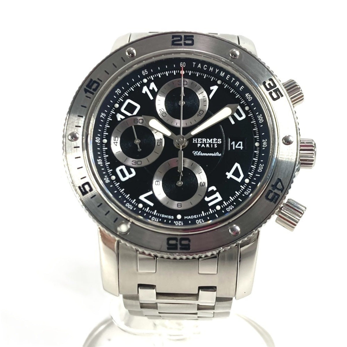 Pre-Owned HERMES CP2.910 Clipper Diver Chronograph Date Watch Men's Logo Back Skeleton Wristwatch Stainless Steel Black