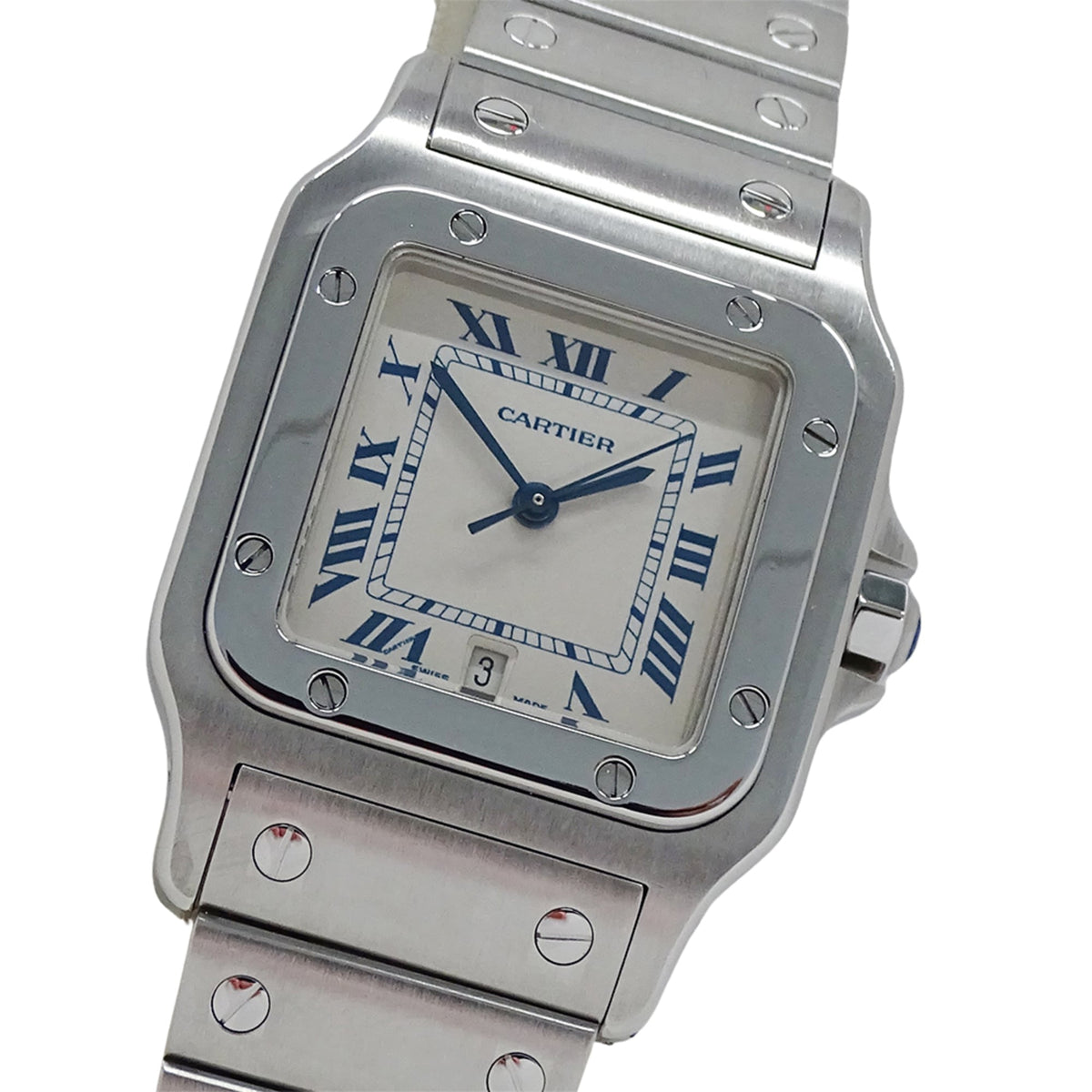 Pre-Owned Cartier men's watch, Santos Galbee LM, date, quartz movement, stainless steel (SS), W20018D6, silver/ivory, polished.