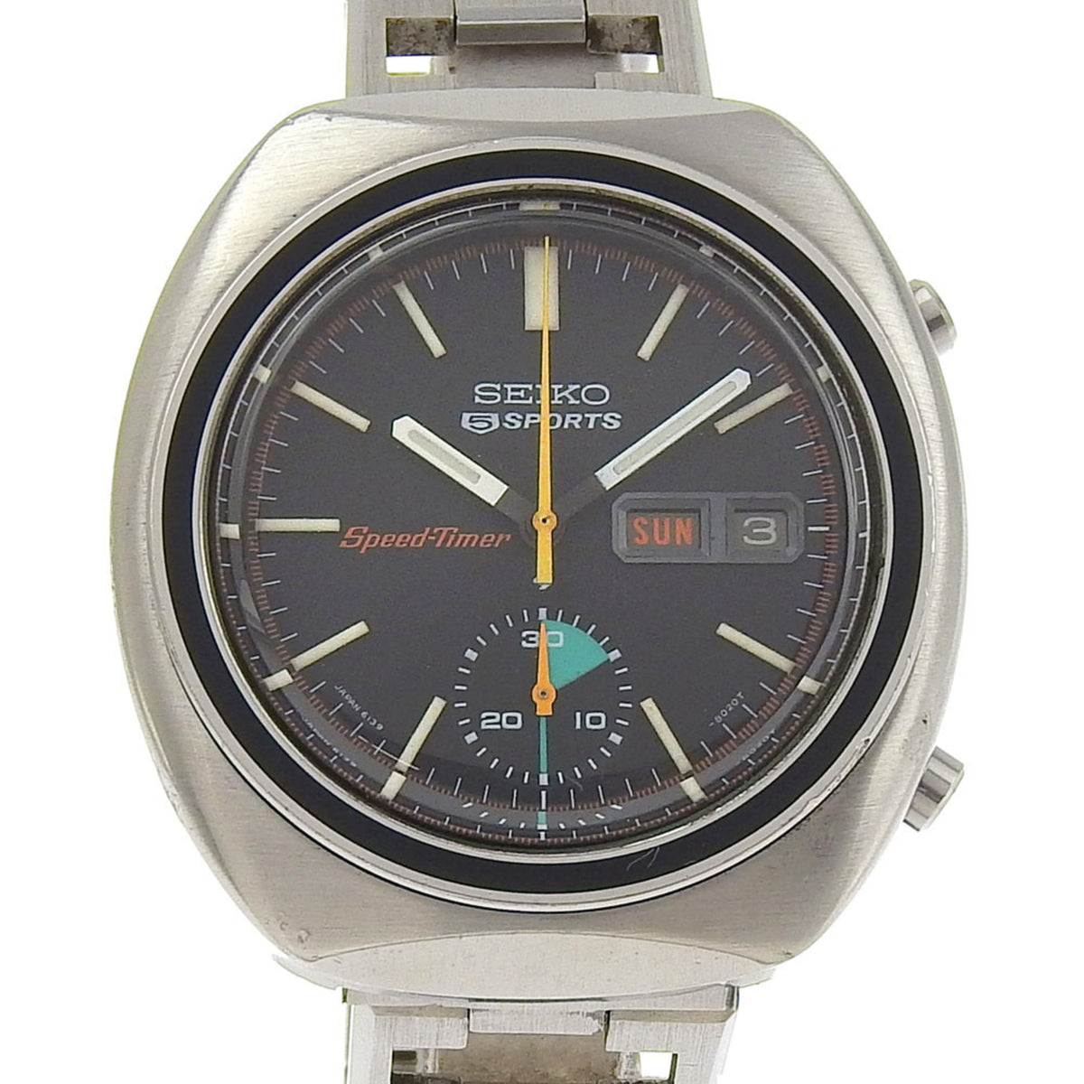 Montre de sport Seiko SEIKO 5 d'occasion Speed Timer 6139-8002 en acier inoxydable, automatique, cadran noir, pour homme 