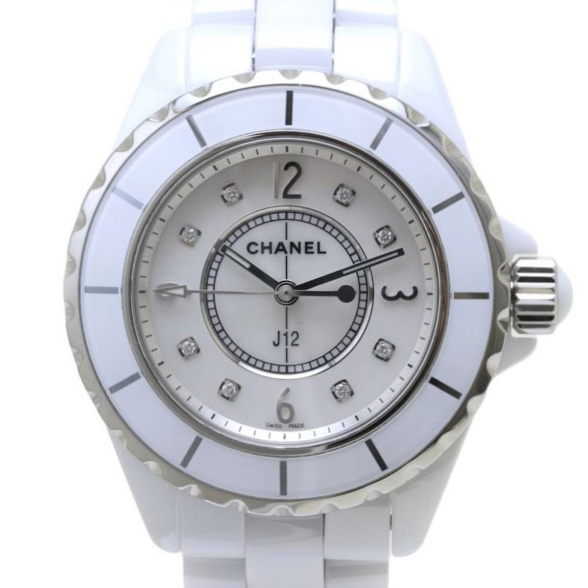 Montre CHANEL J12 d'occasion 33 mm, 8P, diamants, coque H2422, céramique blanche, acier inoxydable, 39846 