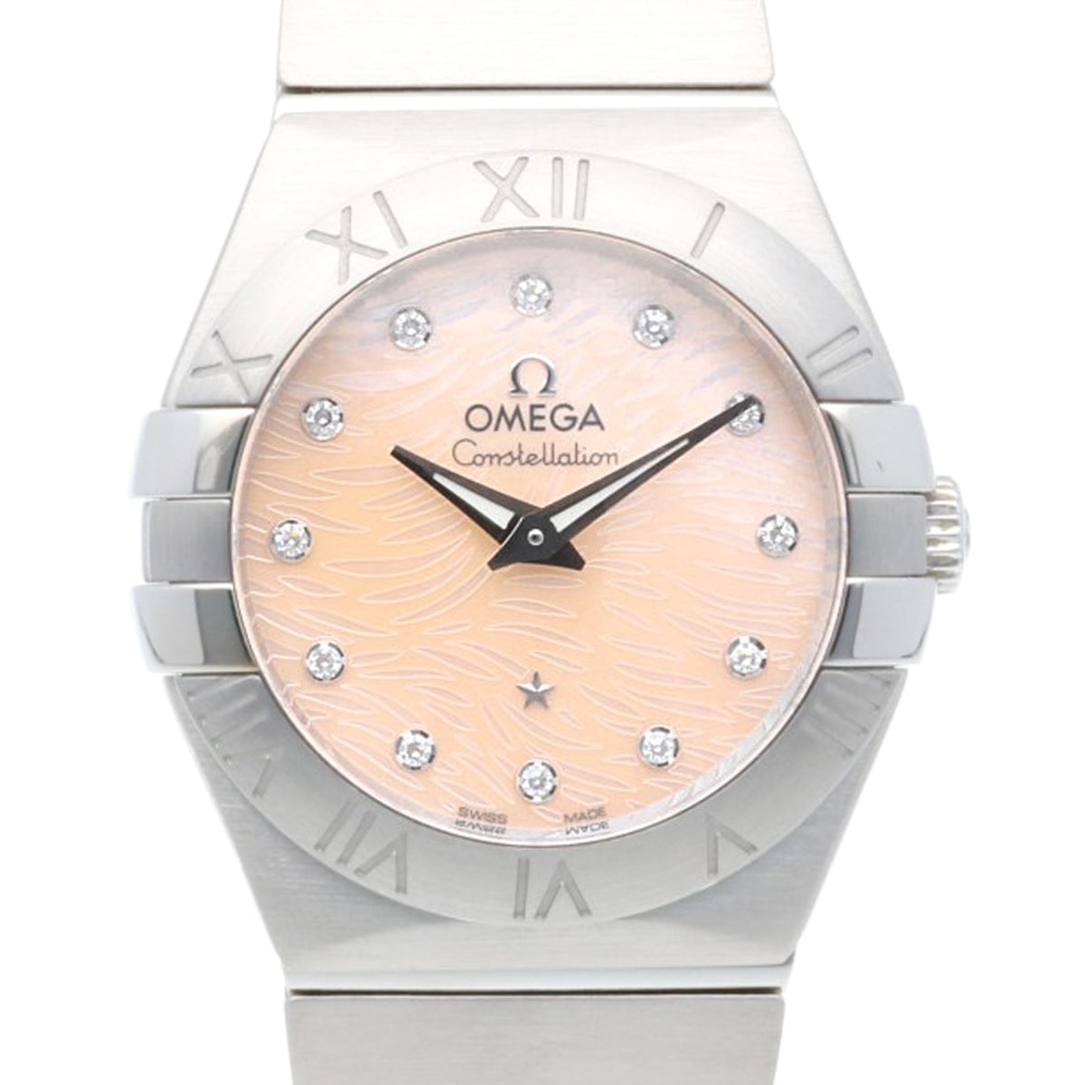 Pre-Owned Omega Constellation watch, stainless steel, quartz movement, re-polished, 92257XXX, women's, pre-owned, 12 diamonds, pink shell.