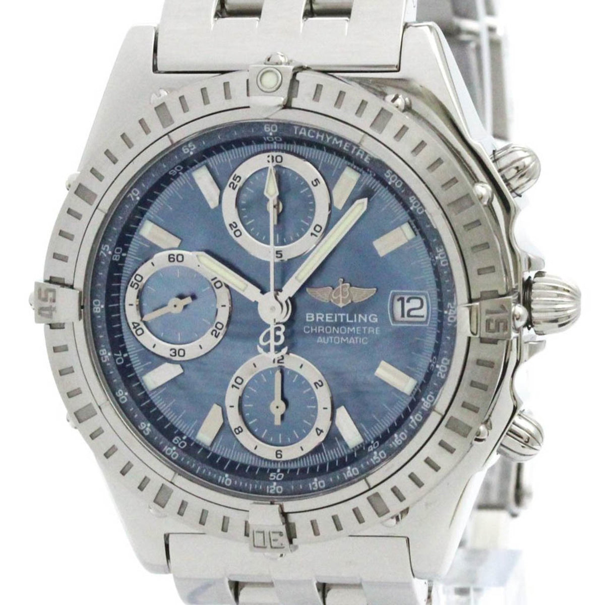Montre automatique BREITLING Chronomat d'occasion en acier poli, cadran bleu nacre, A13352 BF581996 