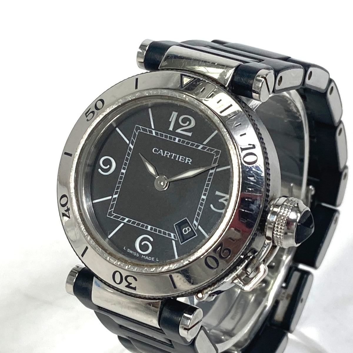 Gebrauchte Cartier W3140003 Quarz-Armbanduhr mit Datum, Silber, schwarzes Armband 