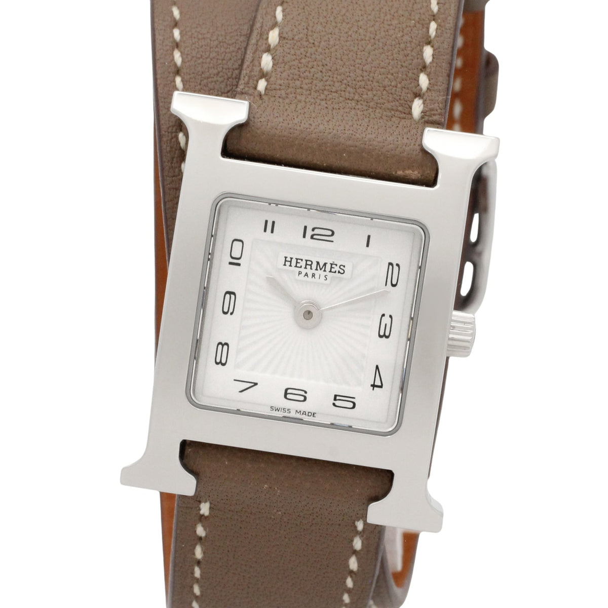 Pre-Owned Hermes H-Watch Double Tour Wristwatch, Stainless Steel, Leather Strap, Women's, White (HH1.210)