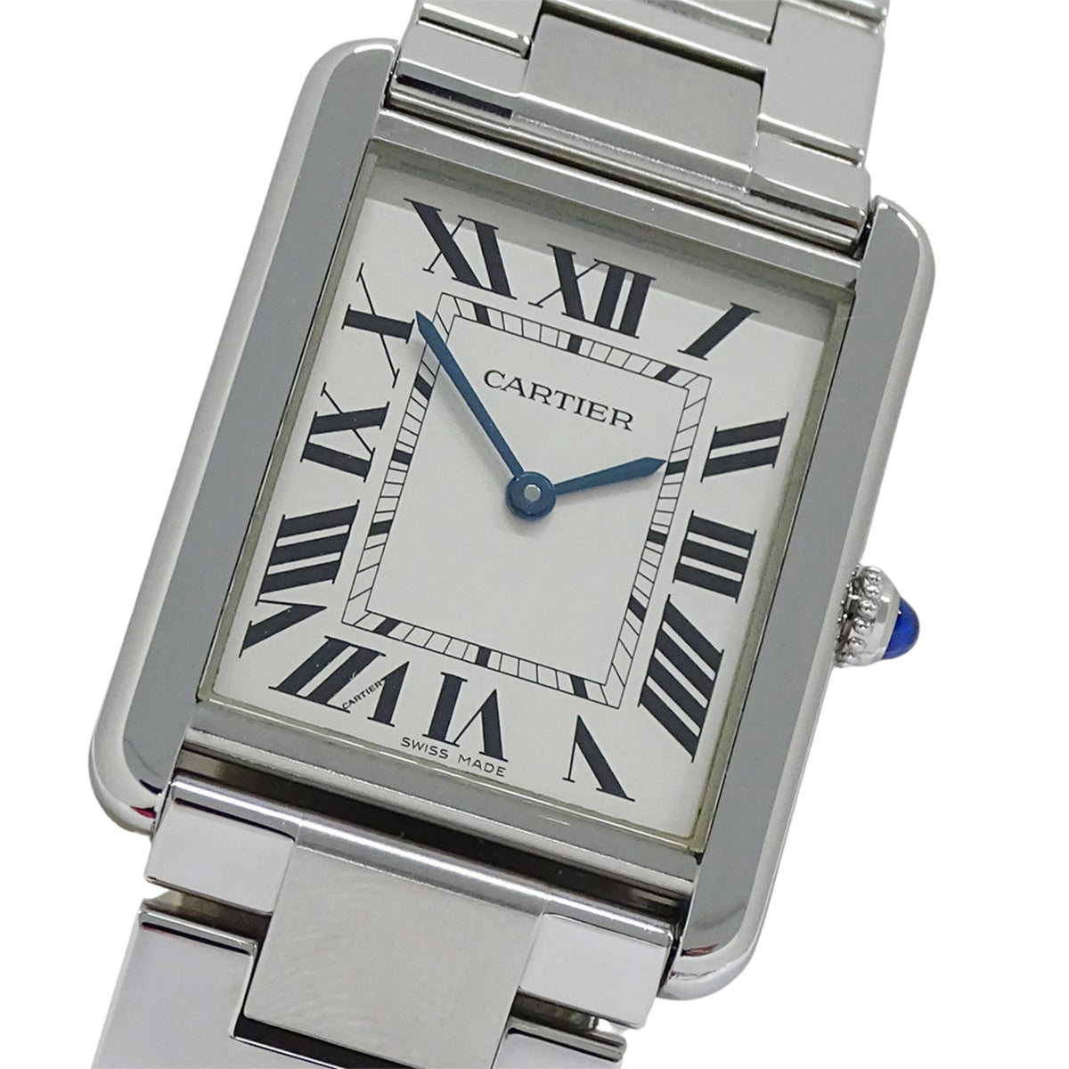 Pre-Owned Cartier Tank Solo LM Quartz Watch for Men, Stainless Steel (SS) W5200014, Silver, Square Frame.