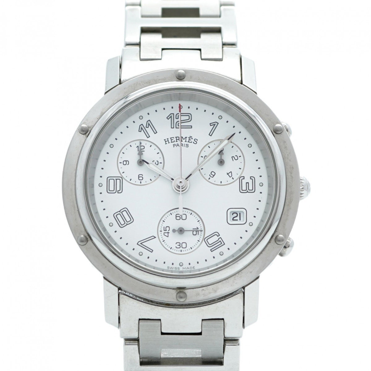 Pre-Owned Herm?s Clipper Chronograph CL1.910 White Dial Men's Watch
