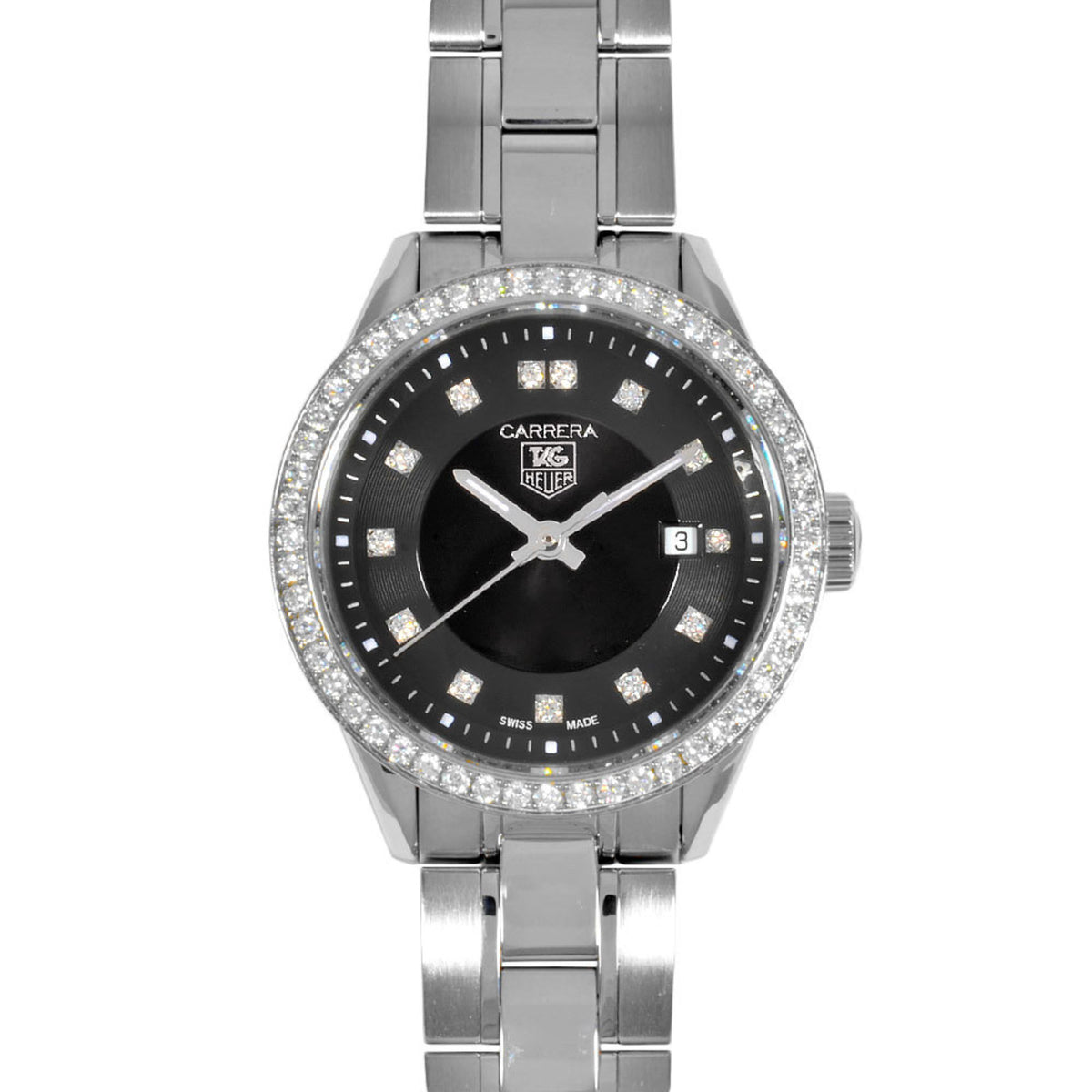 Pre-Owned TAG Heuer WV1412.BA0793 Carrera Watch Quartz Black Dial Date 13P Diamond Bezel Ladies