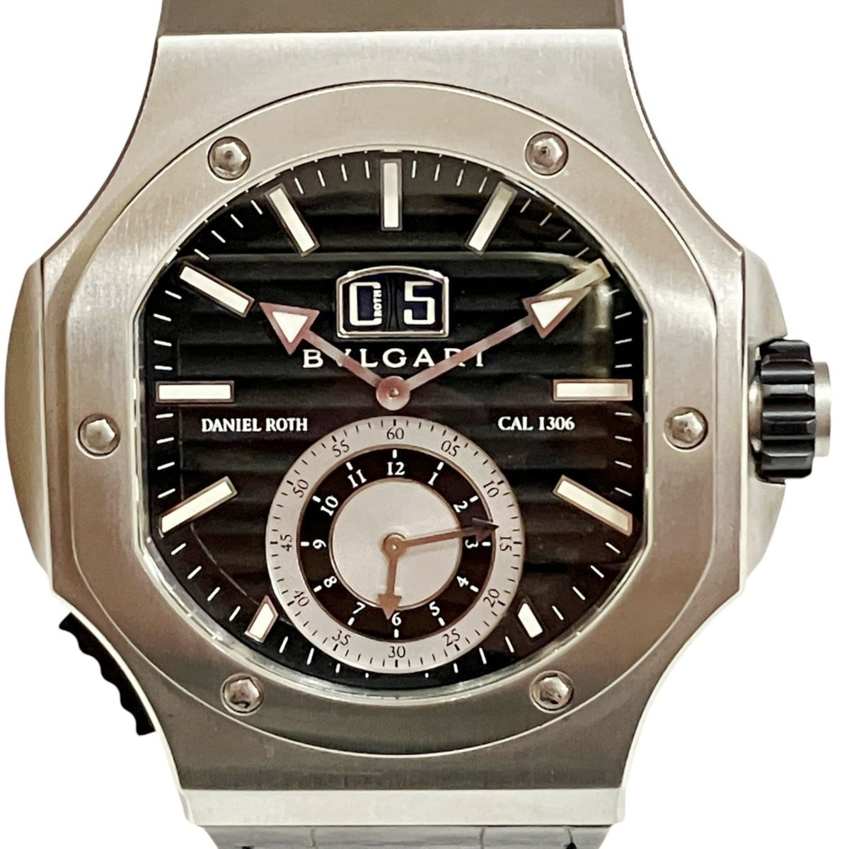 Pre-Owned Bulgari Daniel Roth Chronosprint Watch, Total Weight 147.3g, Stainless Steel, Genuine Leather Strap, Quartz Movement, Black Dial, BRE56BSLDCHS