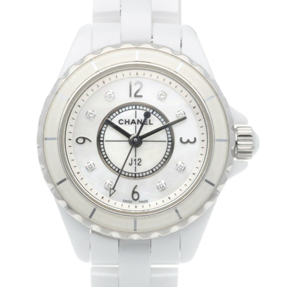 Gebrauchte Chanel J12 Uhr, weiße Keramik H2570 Quarz, Damen, CHANEL, 8P Diamant, Muschelzifferblatt 