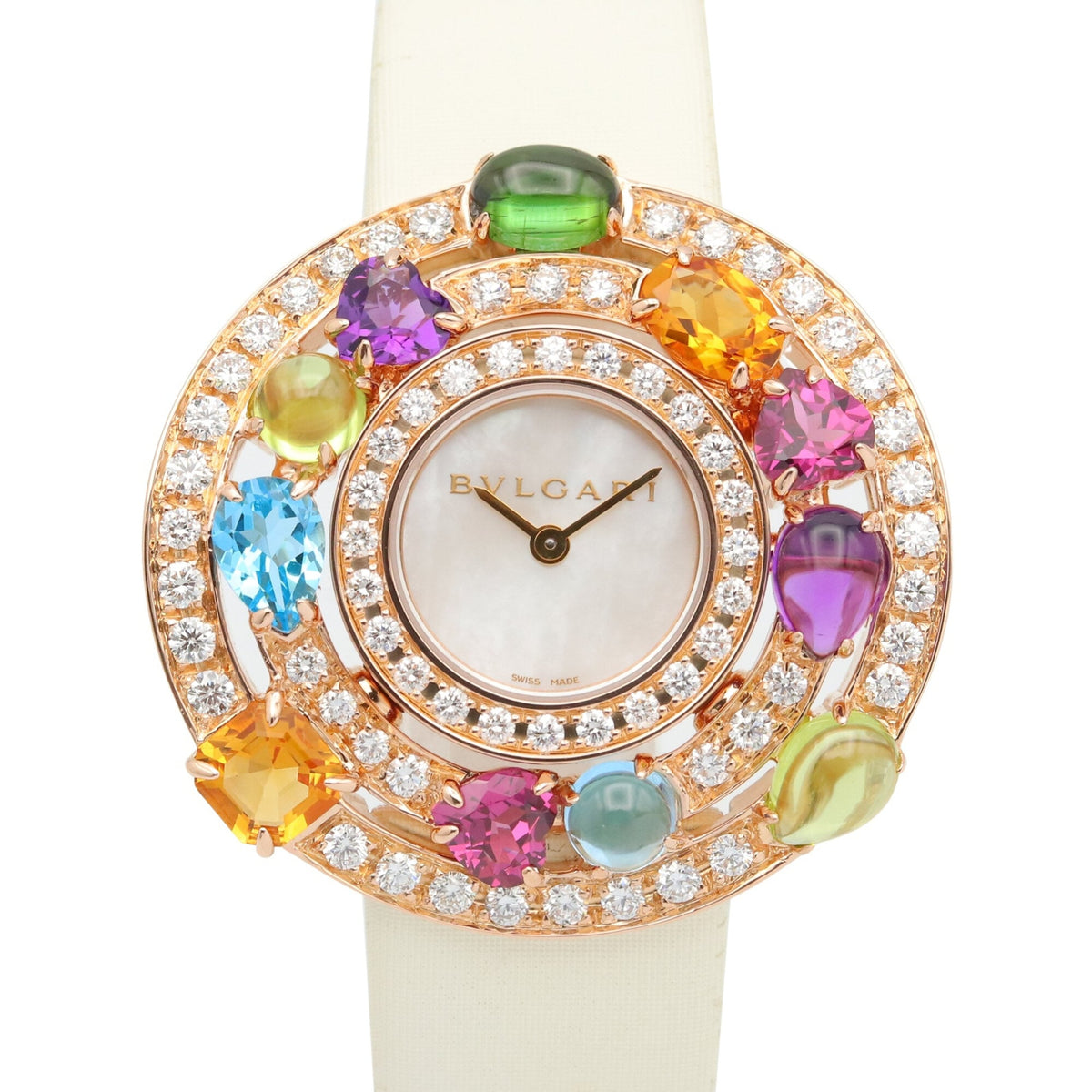 Pre-Owned Bulgari BVLGARI Astrale Cerchi Diamond & Colored Stone Watch, 18K Pink Gold (PG), Diamond, Leather Strap, Women's, White, White Shell, AEP36G