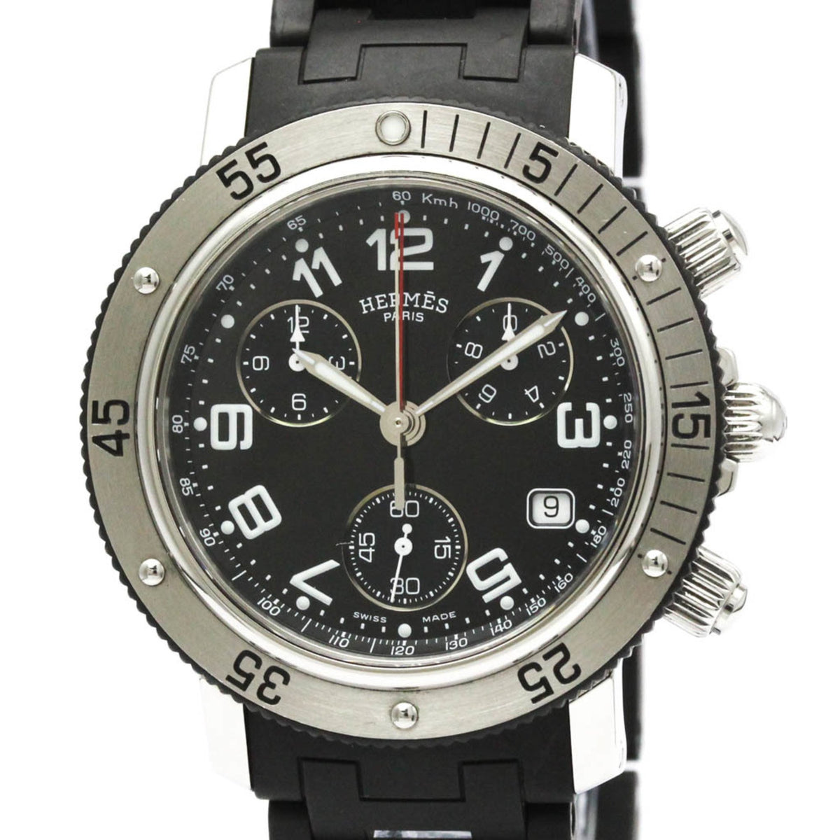Pre-Owned HERMES Clipper Diver Steel Rubber Quartz Mens Watch CL2.915 Polished