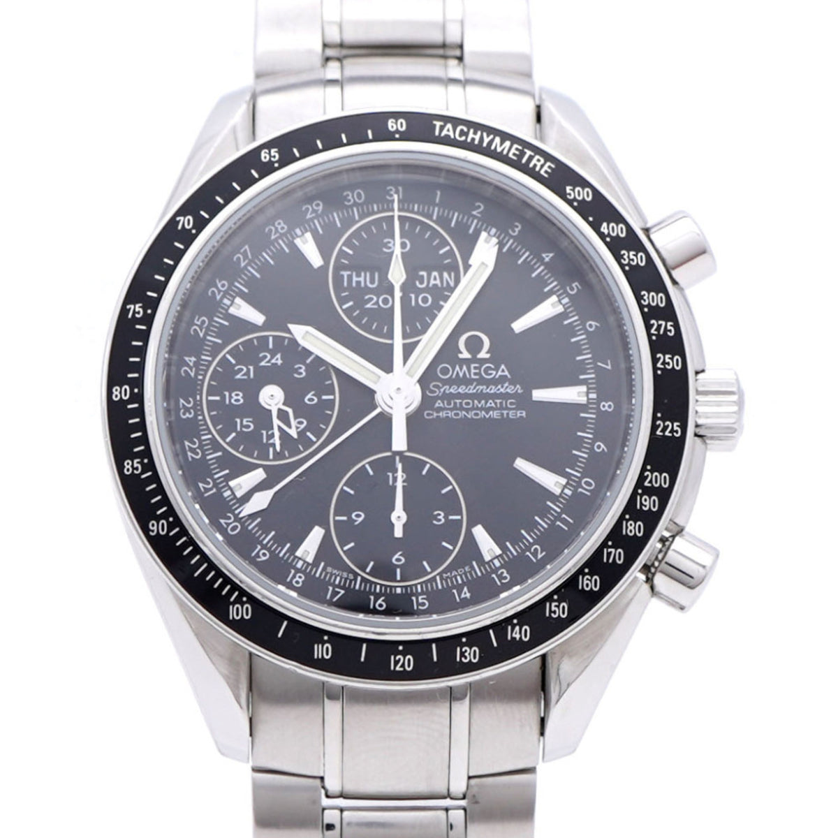 Pre-Owned Excellent condition Omega Speedmaster Triple Calendar Day Date 3220.50 Automatic Watch with Stainless Steel Black Dial 0423