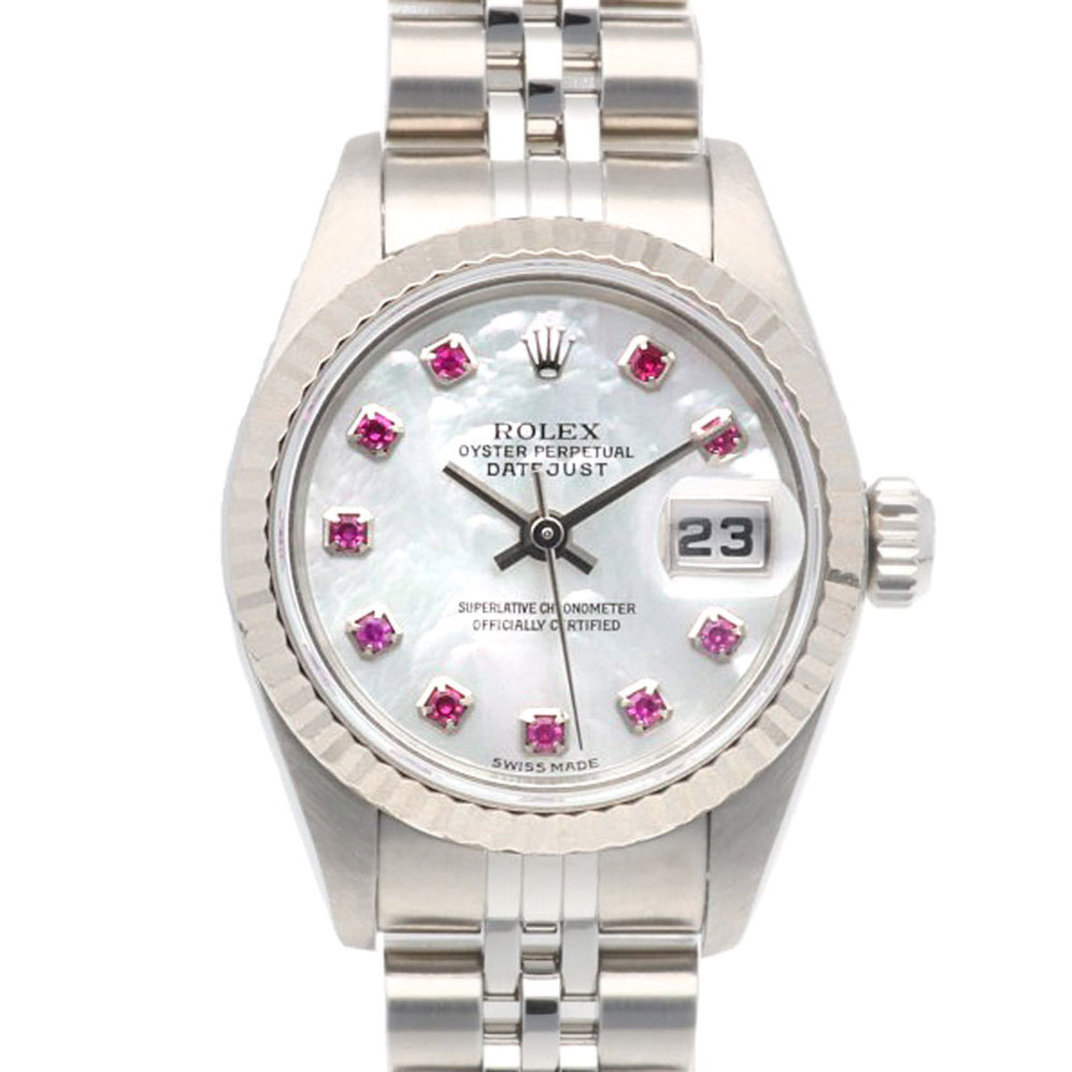 Pre-Owned Rolex Datejust Oyster Perpetual Watch, Stainless Steel, Automatic, Women's, 79174NGR, ROLEX F-Serial, 2003-2004 Model, 10 Ruby Beads, White Shell, Overhauled
