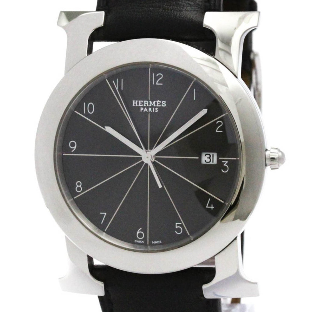 Pre-Owned HERMES H Watch Rond Steel Leather Quartz Mens Watch HR1.710 Polished