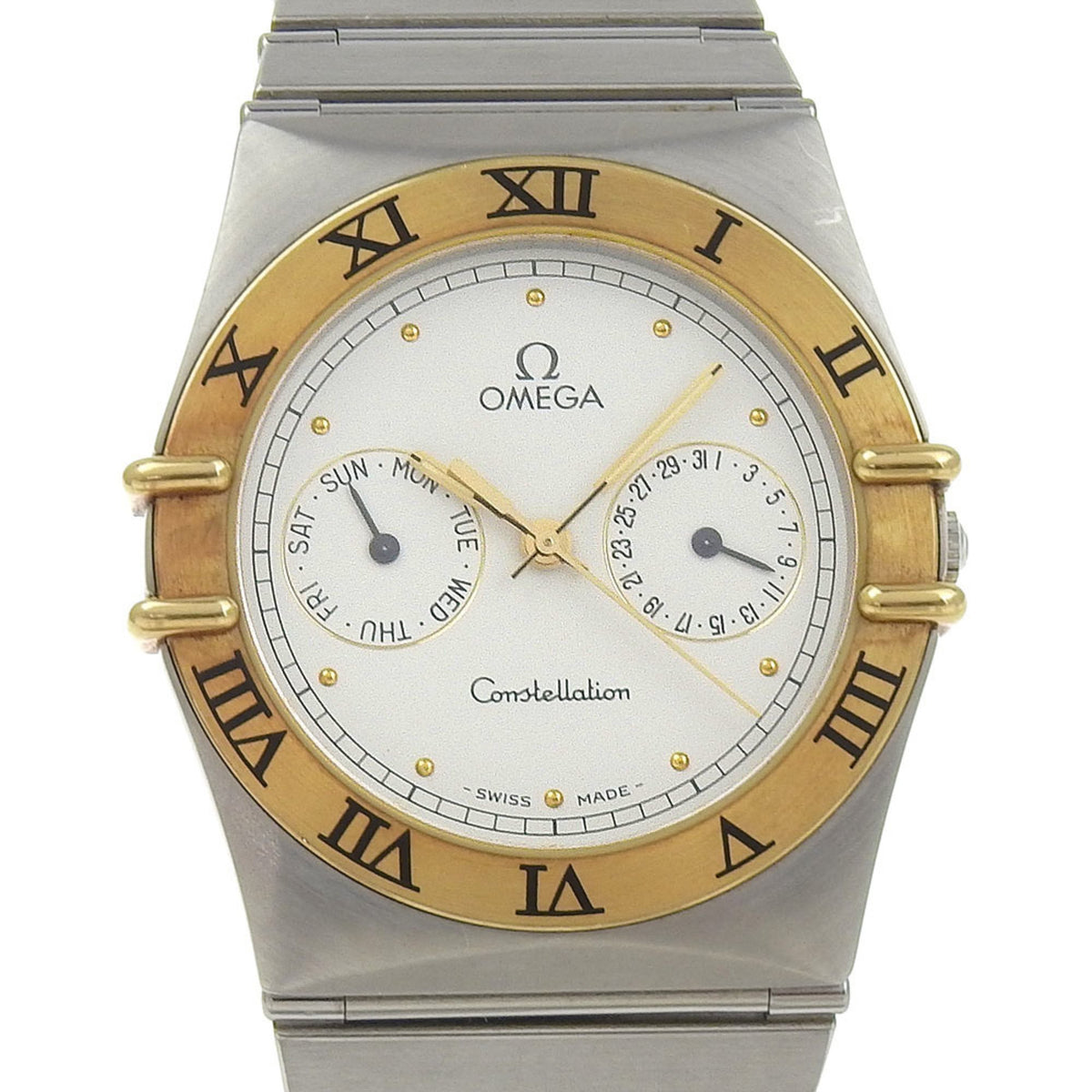 Pre-Owned OMEGA Constellation Day-Date Watch Stainless Steel x 18K Yellow Gold Quartz Multi-Hand Analog Display White Dial Boys