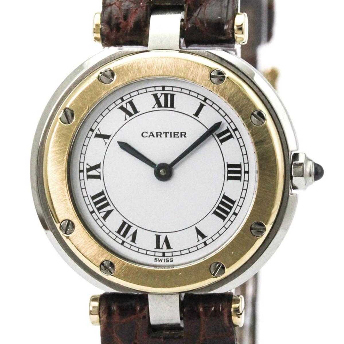 Pre-Owned CARTIER Santos Round 18K Gold Steel Leather Quartz Ladies Watch Polished