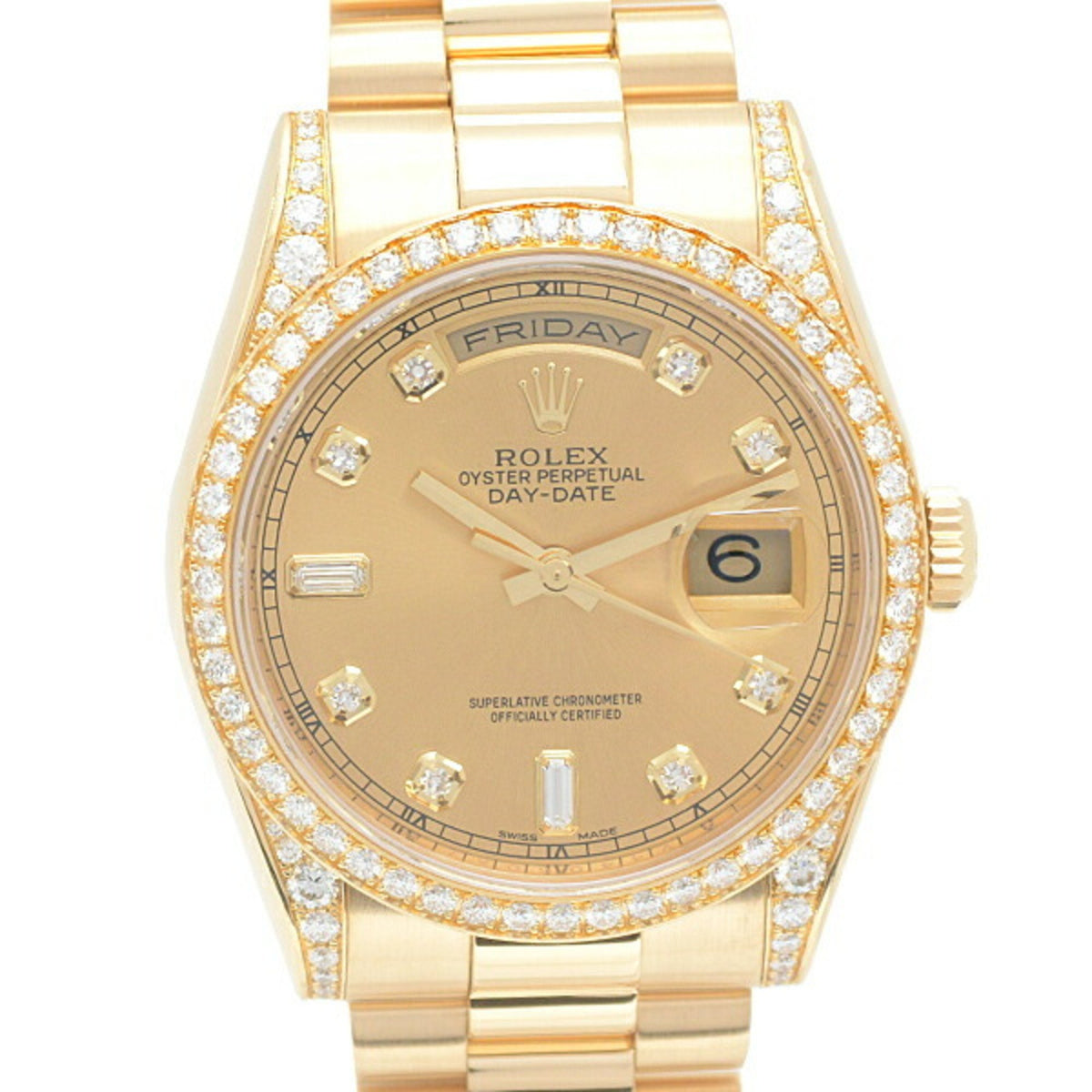 Pre-Owned Rolex Watch Men's Day-Date 36 Diamond Bezel, Lug Diamonds, 8P 2P Bucket Automatic, Random, Gold Dial, 750YG, ROLEX 118388A