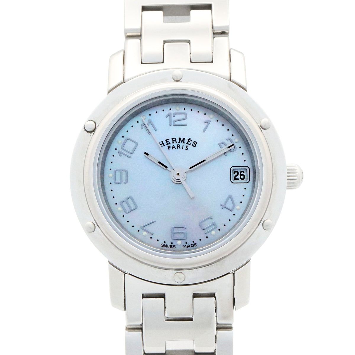 Pre-Owned Herm?s Clipper Nacr?e Watch, Stainless Steel, Women's, White, White Shell, CL4.210