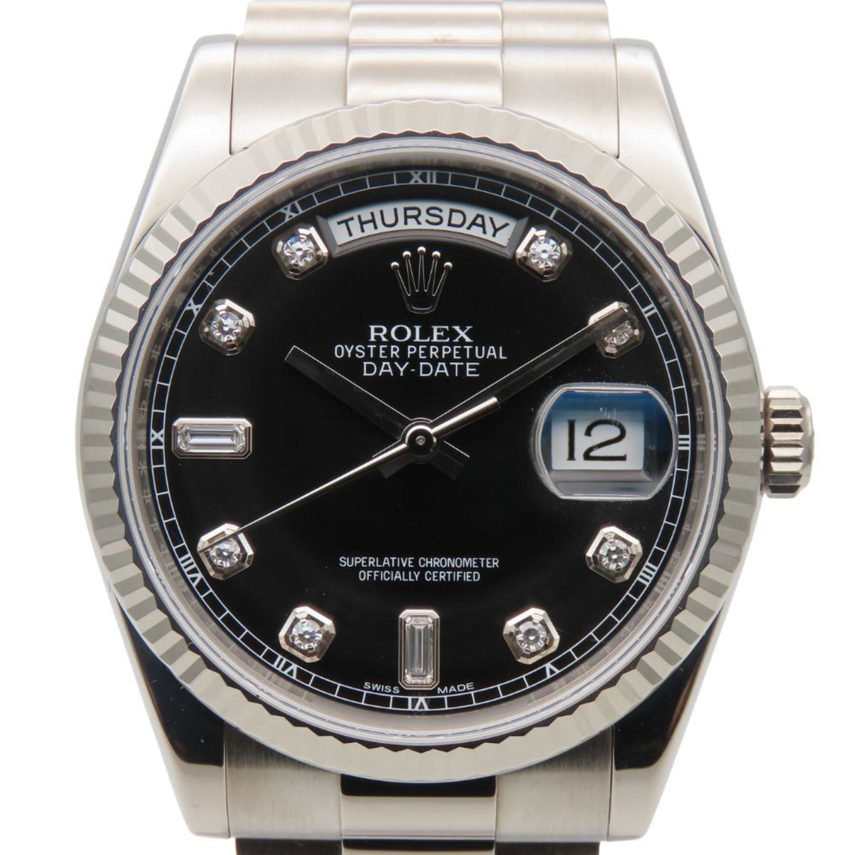 Pre-Owned Rolex Day-Date Watch 118239A, 18K White Gold with Diamonds, Approximately 170.8g, Silver, Black Dial, Roulette, 8PD, 2-Piece Bucket, Men's, ROLEX