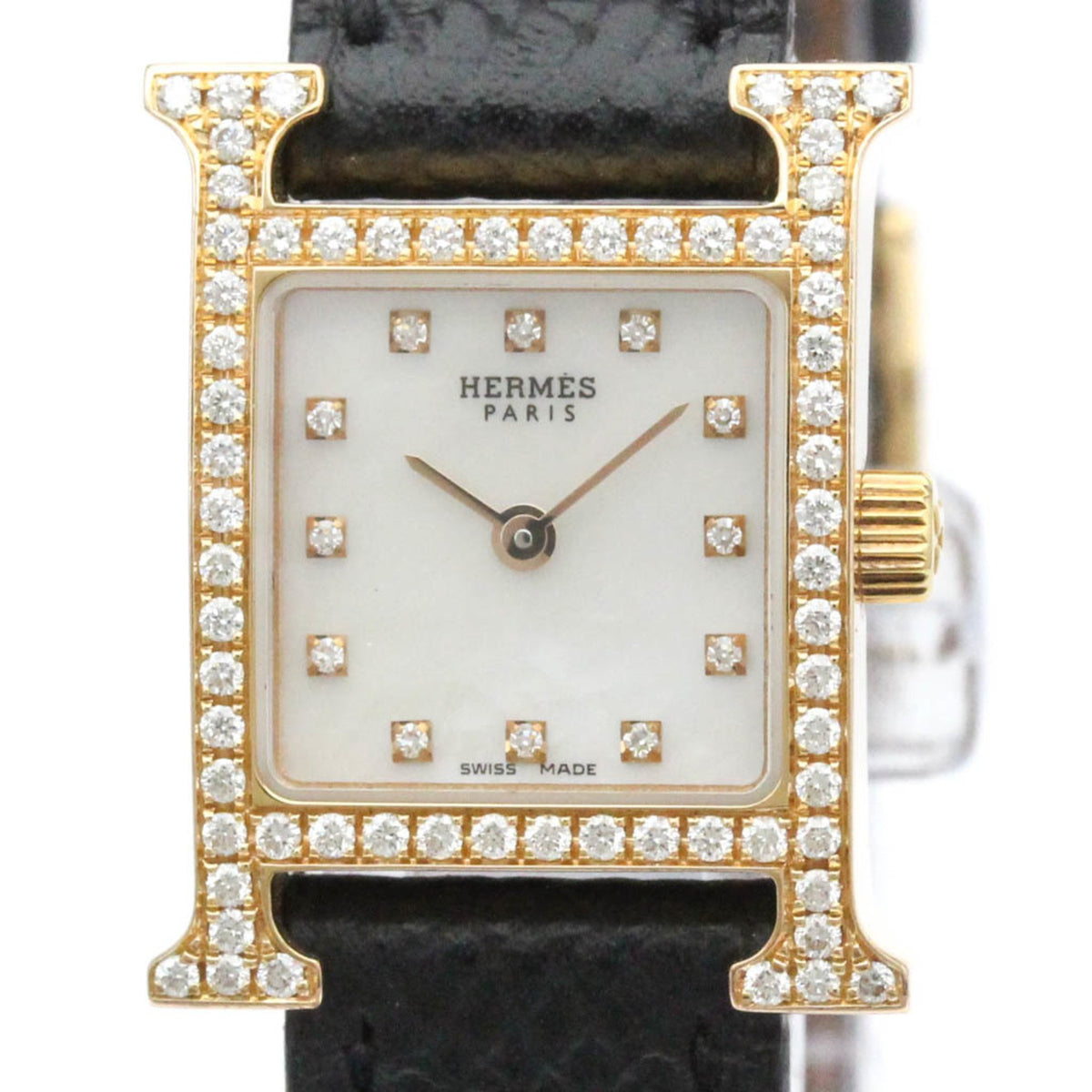 Pre-Owned Polished HERMES H Watch Mini MOP Diamond 18K Pink Gold Watch HH1.171 BF563408