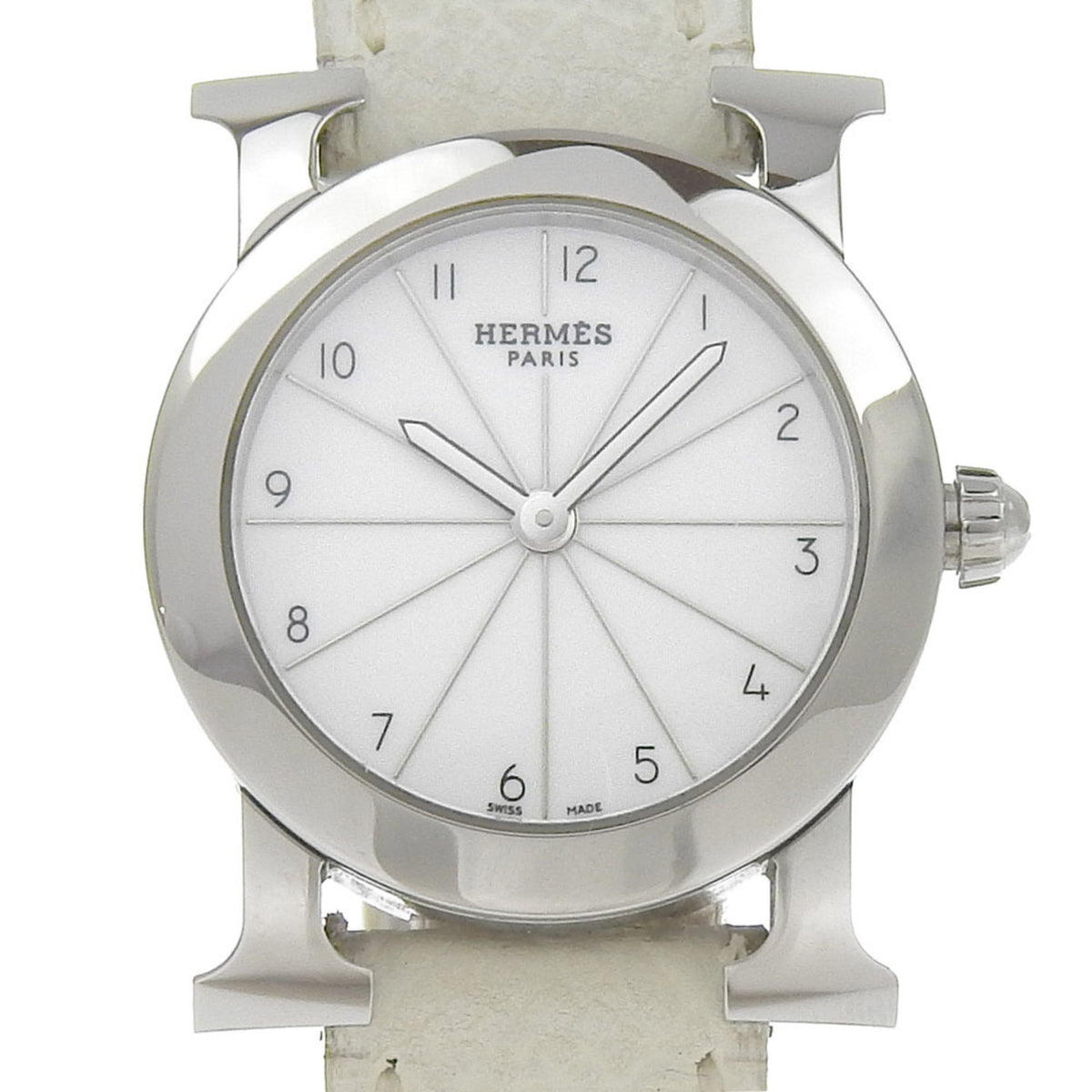 Montre-bracelet Hermes HERMES H Rondo d'occasion HR1.210 en acier inoxydable x cuir gaufré 2006 ?J Affichage analogique à quartz Cadran blanc Montre Heure pour femme 
