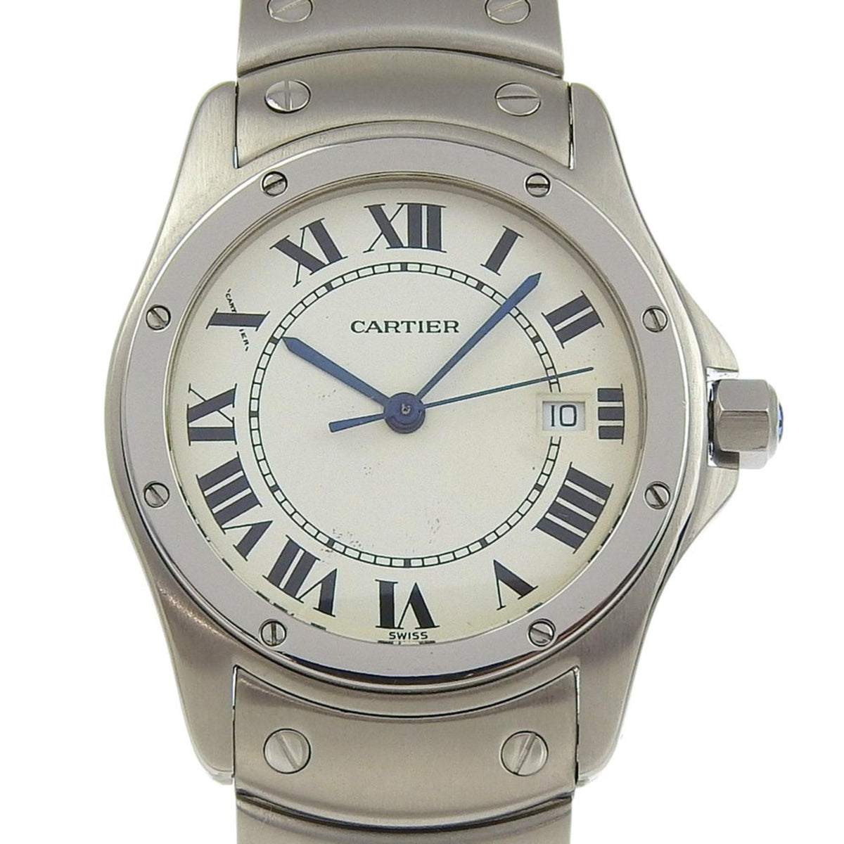 Pre-Owned Cartier Santo Cougar MM Watch W20027K1 Stainless Steel Quartz Analog Display White Dial Unisex
