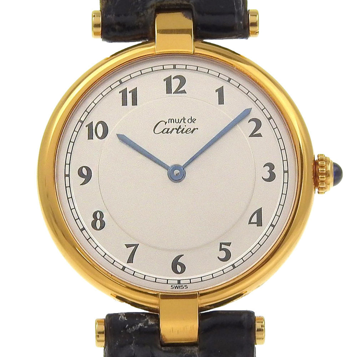 Pre-Owned Cartier Must Vermeil Watch, cal. 90, Gold-Plated Leather Strap, Quartz Movement, Analog Display, Silver Dial, Women's
