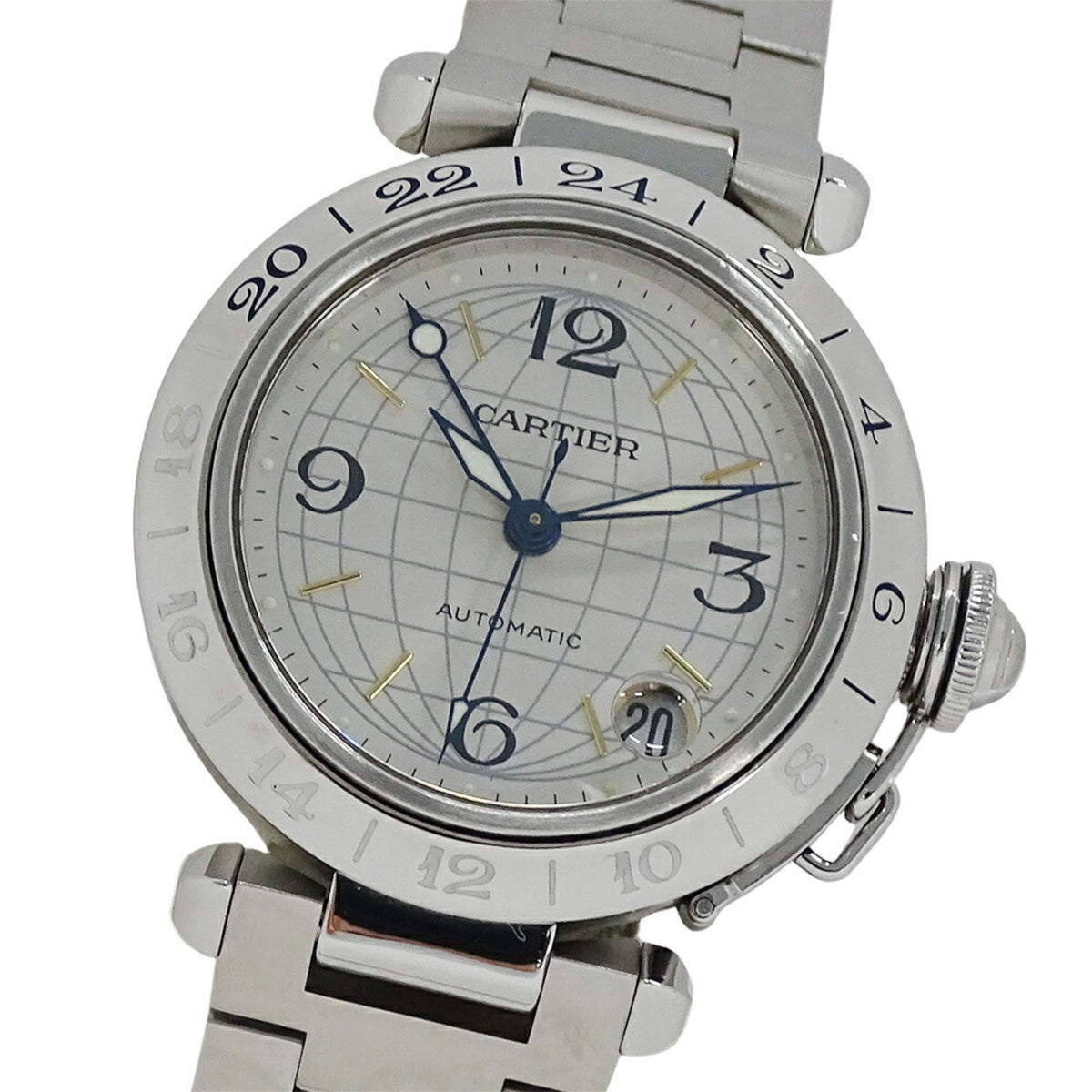 Pre-Owned Cartier Pasha C Meridian GMT Date Automatic Watch for Boys, Stainless Steel, W31029M7, Silver, Round, Polished