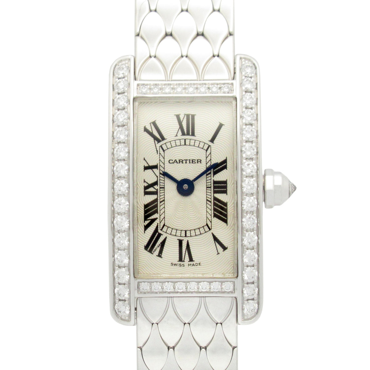 Pre-Owned Cartier Tank Am?ricaine Mini Wristwatch in 18K White Gold (WB710013) for Women, Silver