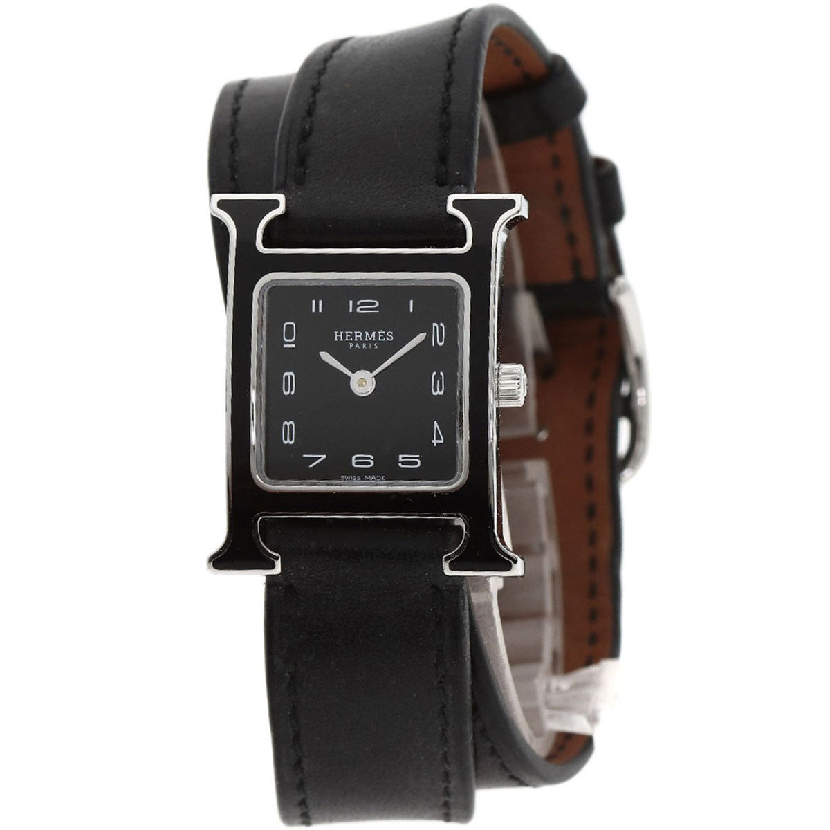 Pre-Owned Hermes HH1.221.336 VB89 H Watch Double Tour Black Lacquer Wristwatch Stainless Steel Leather Women's HERMES