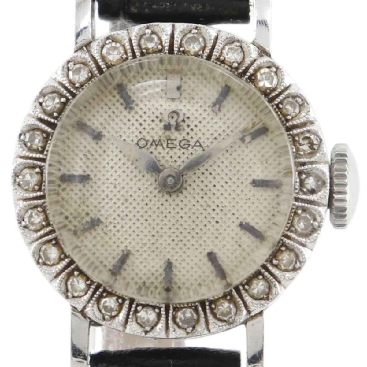 Pre-Owned OMEGA Antique Watch, Cal. 481, Platinum, Diamond, Embossed Leather, Manual Winding, Analog Display, White Dial, Women's