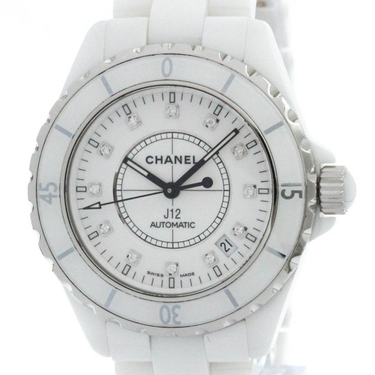 Pre-Owned Polished CHANEL J12 Diamond Ceramic Automatic Mens Watch H1629 BF581641