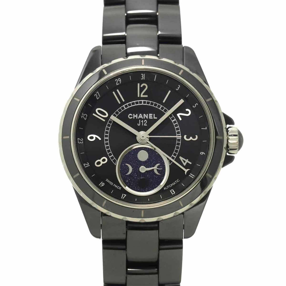 Pre-Owned Chanel J12 Phase De Lune Men's Watch H3406 Black Ceramic Date Moon Automatic Self-winding