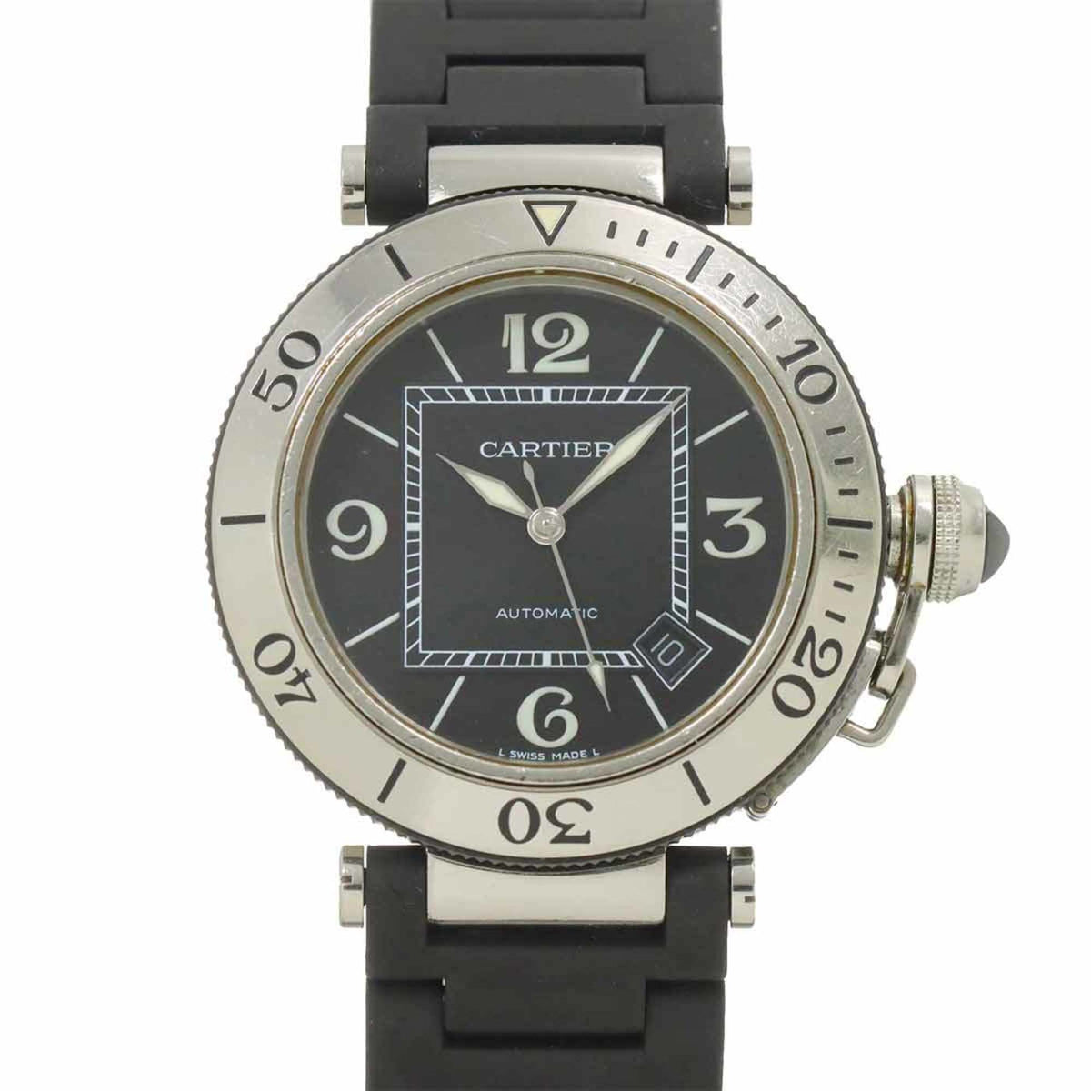 Pre-Owned Cartier Pasha Seatimer W31077U2 Men's Watch with Date Display, Black, Automatic Movement