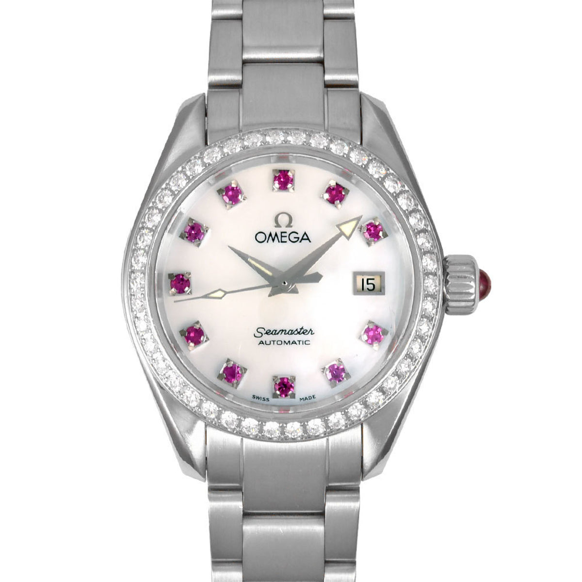 Pre-Owned OMEGA 2565.78 Seamaster Aqua Terra Automatic Watch White Shell Dial Diamond Bezel Ladies