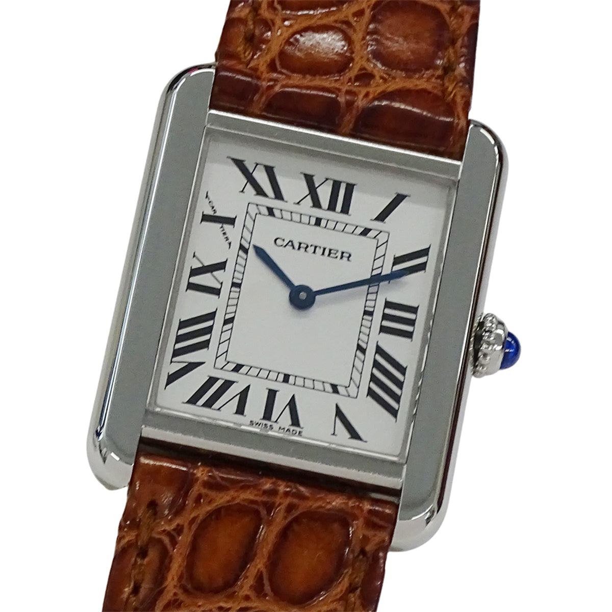 Pre-Owned Cartier Tank Solo SM Quartz Watch for Women, W1018255, Stainless Steel, Leather, Silver, Brown, Square, Polished