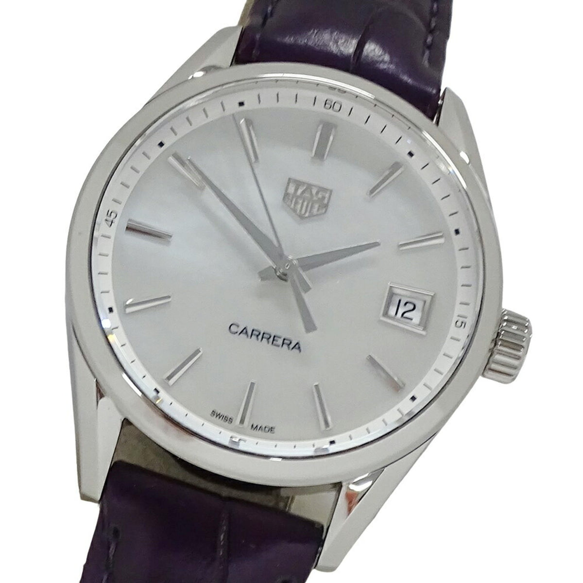 Montre TAG Heuer Carrera WBK1311 FC8261 d'occasion pour femme, date, boîtier, quartz, acier inoxydable, cuir, poli 