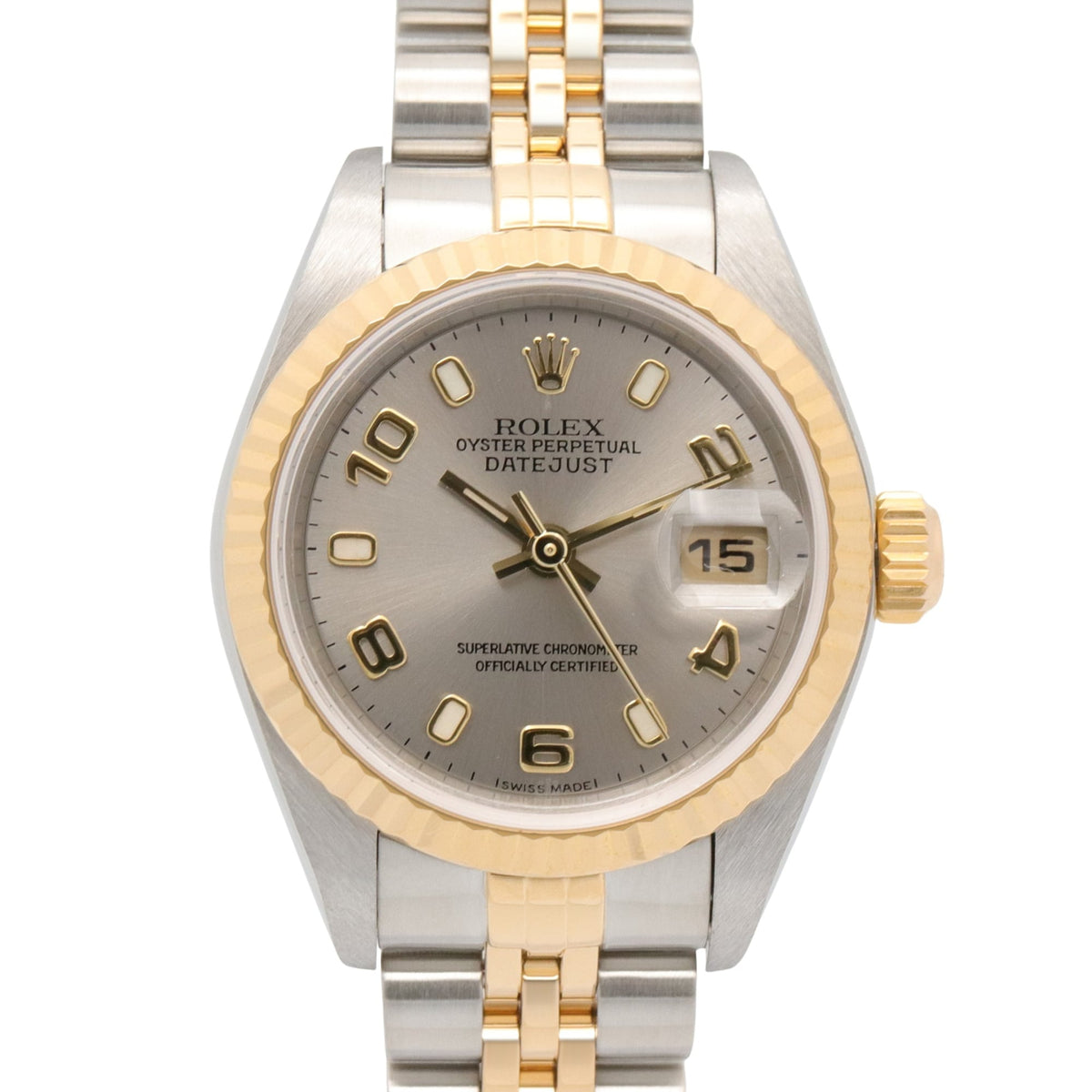 Pre-Owned Rolex Datejust K-series watch, 18K (yellow gold) stainless steel, ladies', silver-toned, with Arabic numerals, 79173.