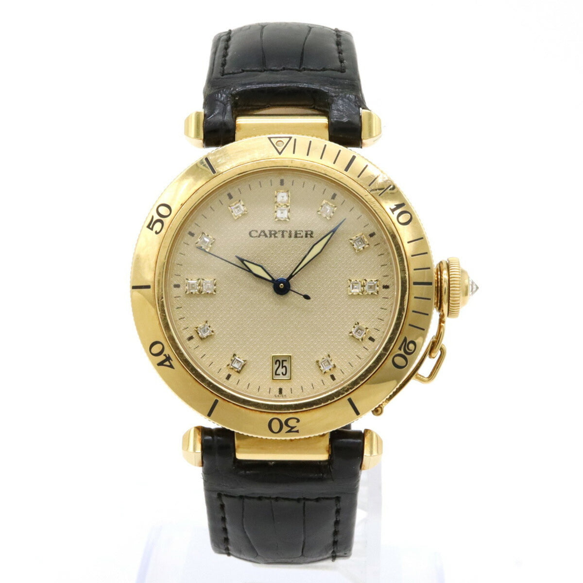 Montre automatique pour homme Cartier Pasha d'occasion, cadran guilloché ivoire, or jaune 18 carats et diamants, modèle AT W3010451 