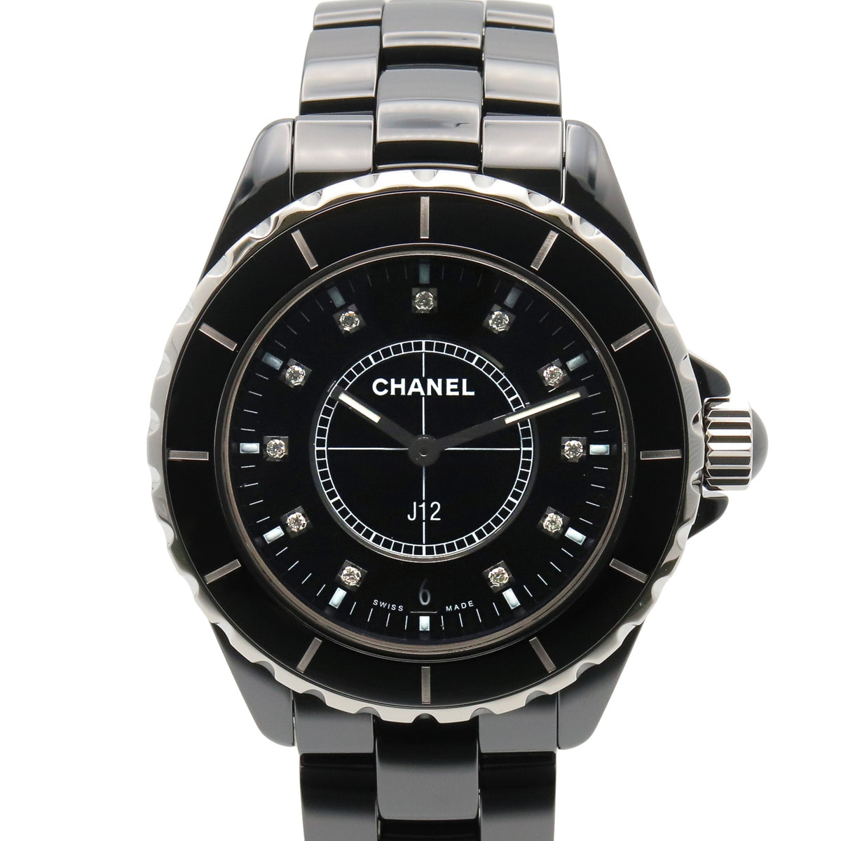 Pre-Owned Chanel J12 11-Diamond Ceramic Watch for Men, Black, Model H2124