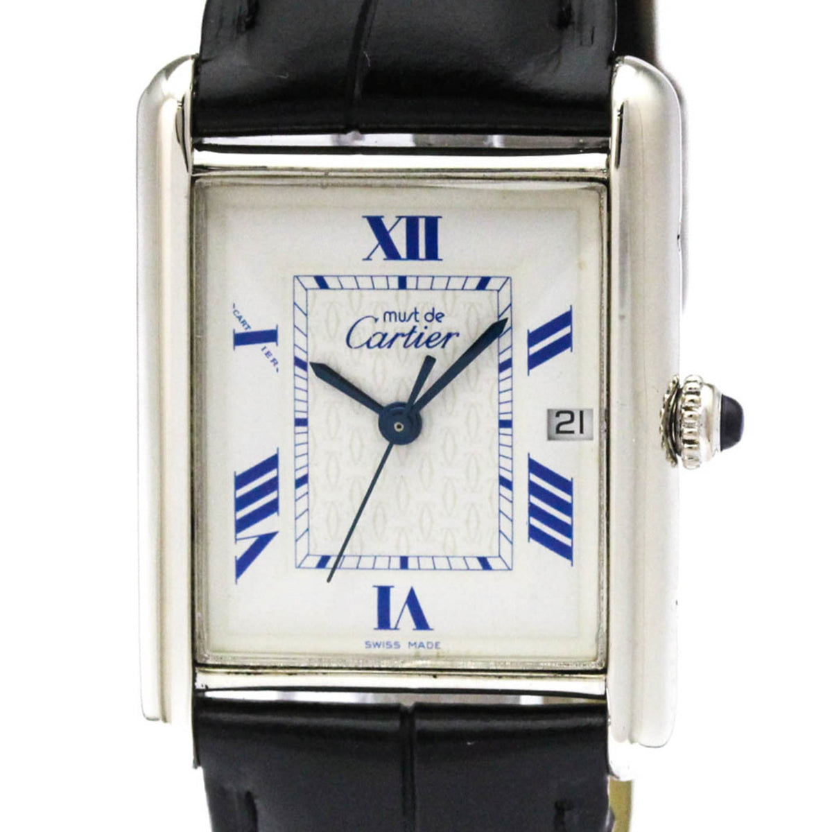 Pre-Owned CARTIER Must Tank Steel Leather Quartz Mens Watch W1014154 Polished