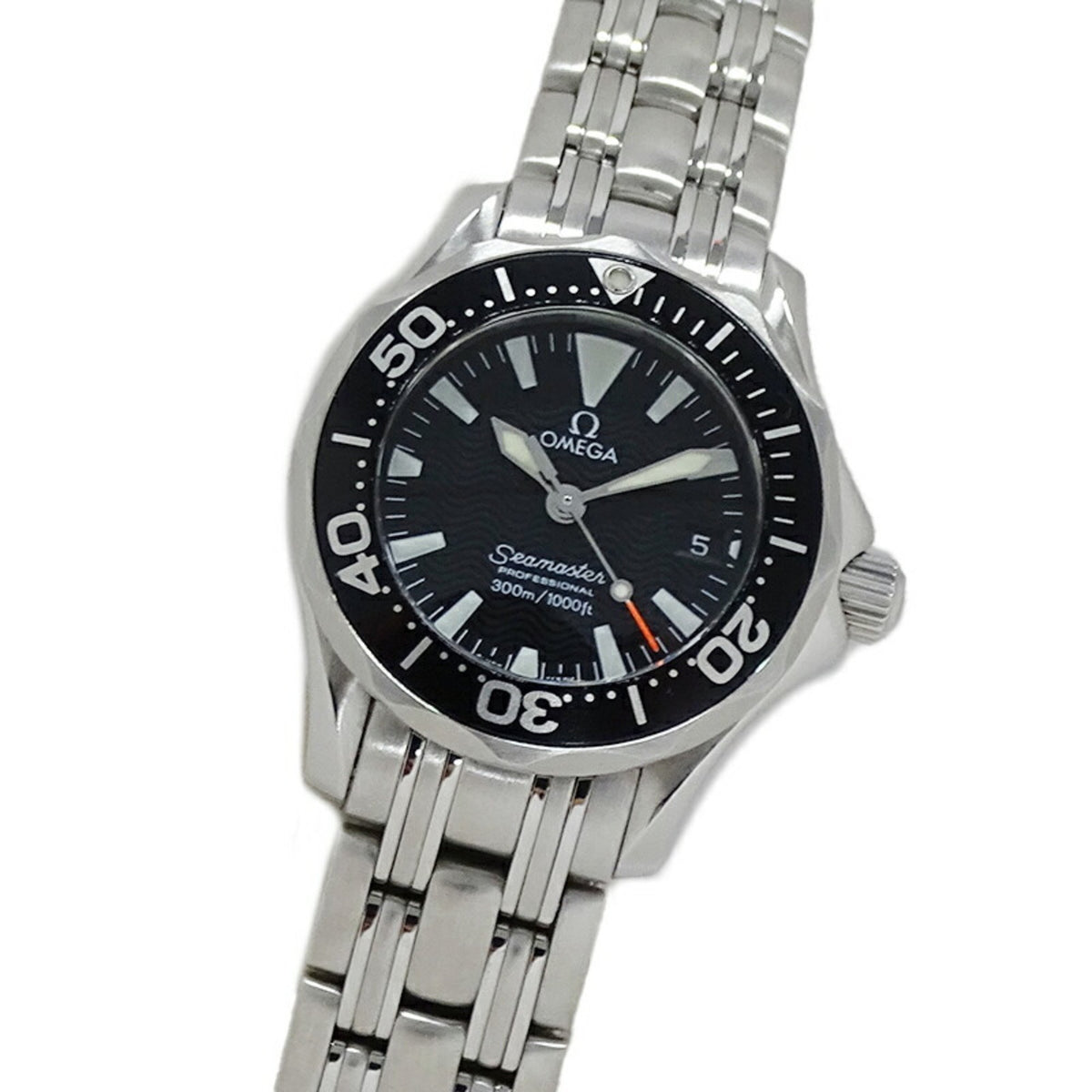Pre-Owned OMEGA Seamaster 2284.50 Watch for Women Professional Diver 300m Date Quartz Stainless Steel SS Silver Black Polished