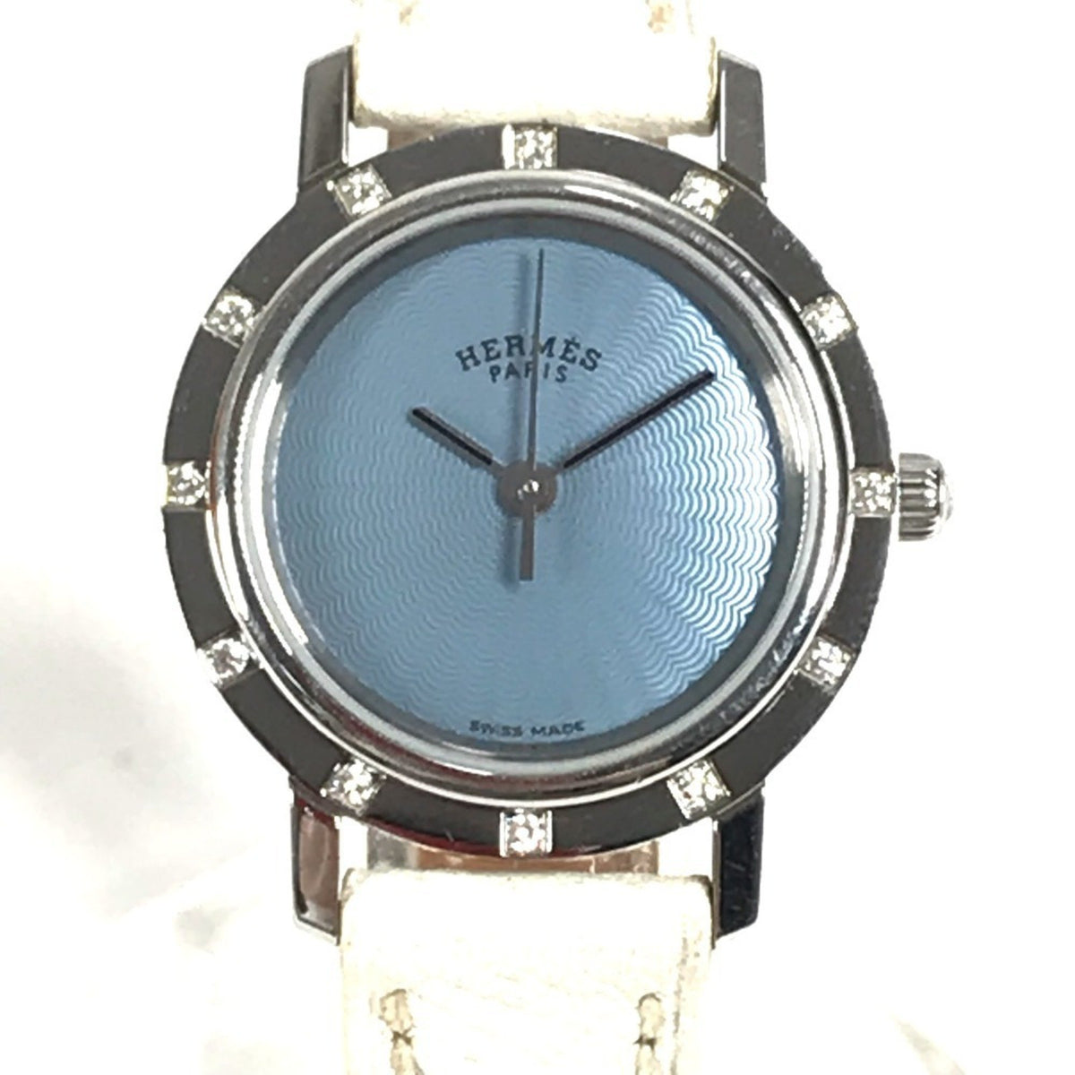 Pre-Owned HERMES CL4.230 Clipper Nacle 12-Piece Diamond Women's Watch with Leather Strap, White Leather/Stainless Steel