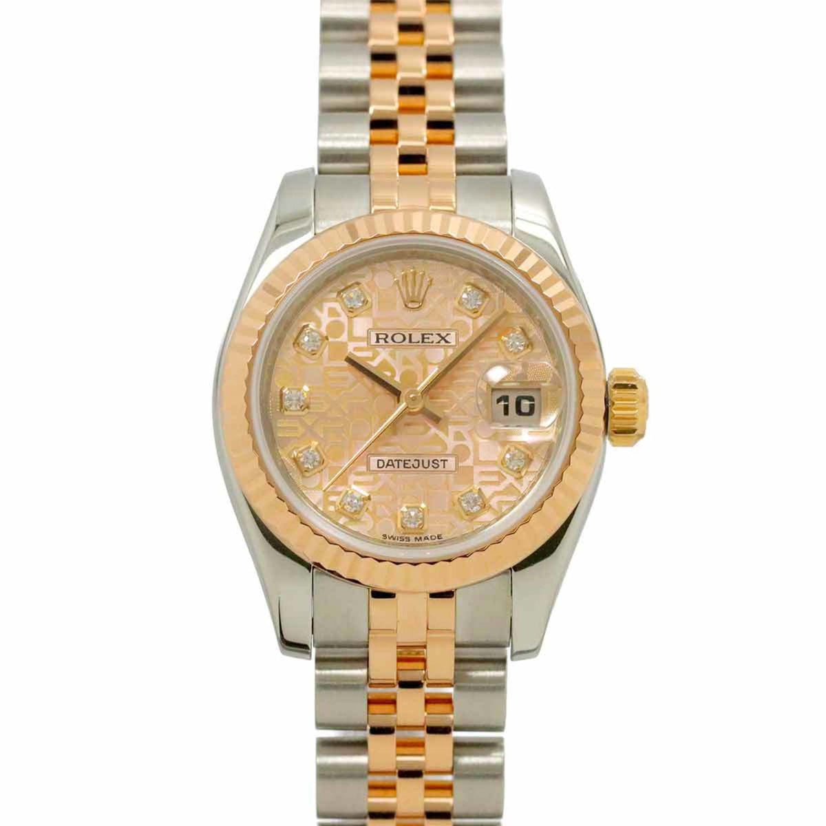 Pre-Owned Rolex Datejust Two-tone Watch 179171G, V-number, Roulette, Women's Watch, 10 Diamonds, Pink, Computerized, 18K White Gold, Automatic