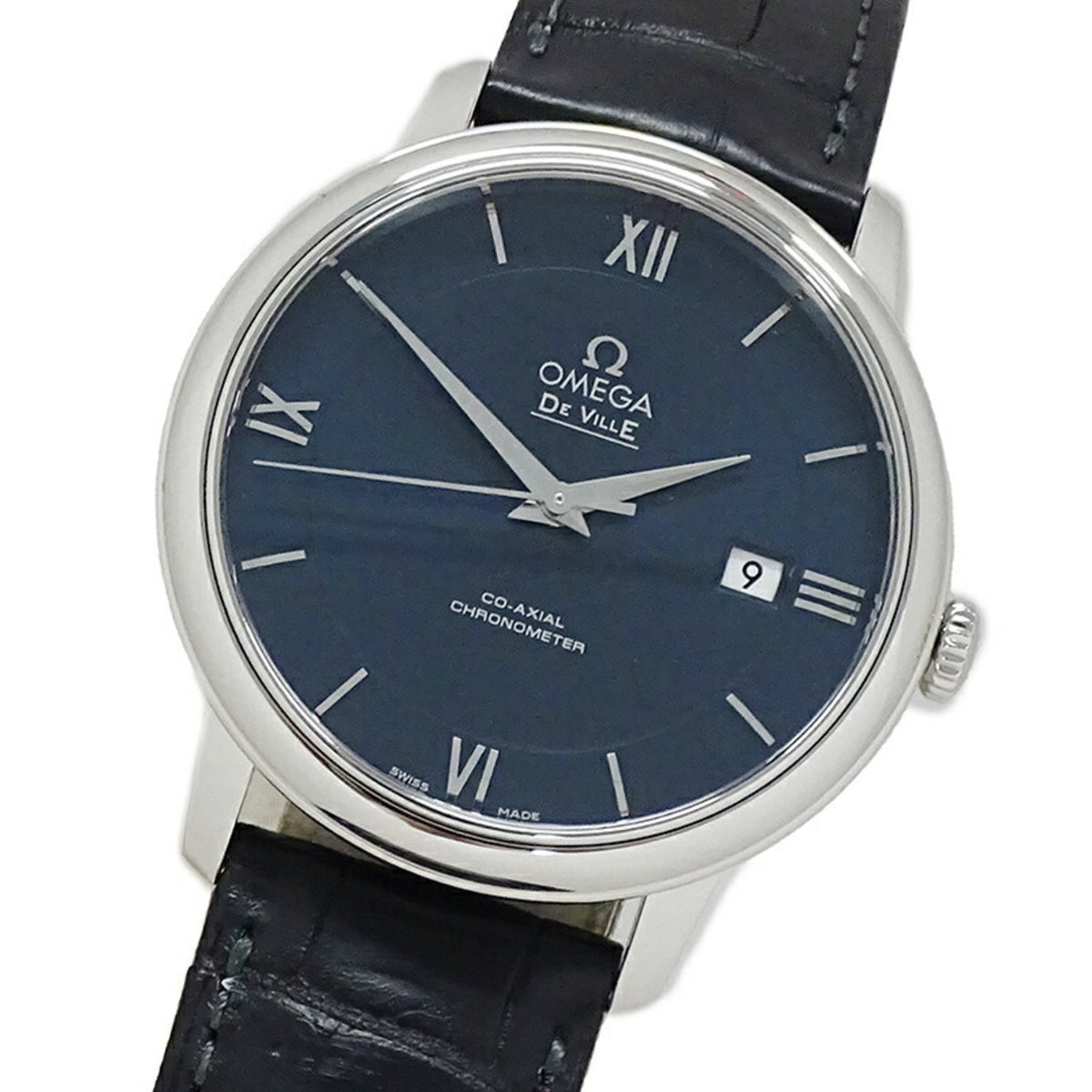 Pre-Owned OMEGA De Ville Prestige 424.13.40.20.03.001 Watch Men's Date Coaxial Automatic AT Stainless Steel SS Leather Navy Polished
