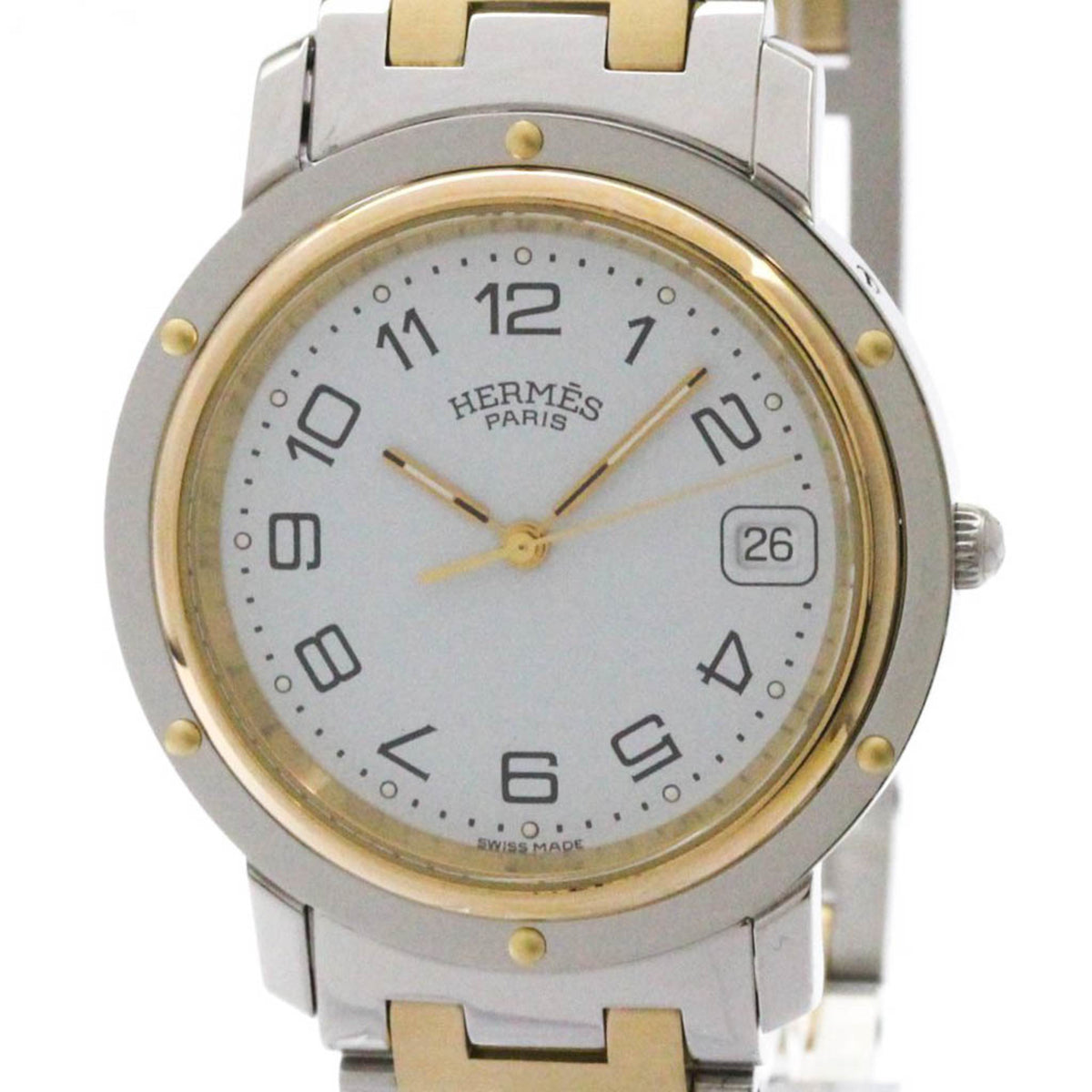 Pre-Owned HERMES Clipper Gold Pllated Steel Quartz Mens Watch CL3.740