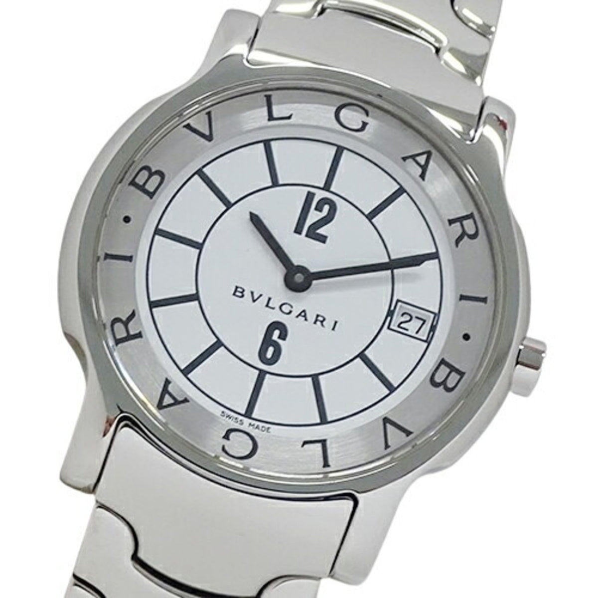 Pre-Owned BVLGARI Men's Solotempo Date Quartz Watch Stainless Steel SS ST35S Silver White Polished